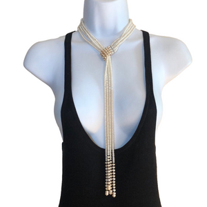 Genuine cultured button pearls lariat bolo tie fringe tassel necklace statement